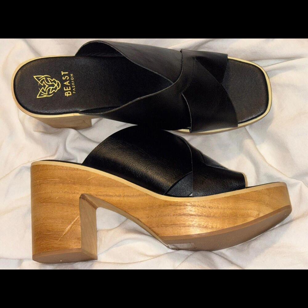 Beast Fashion Black Presley Criss-Cross Slide Heeled Wooden Platform Sandal 10M